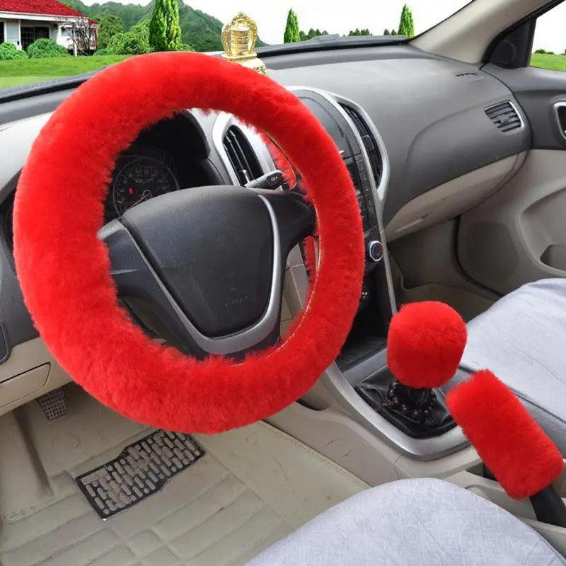 3Pc Winter Faux Fur Car Steering Wheel Cover Set - Neutral Tones
