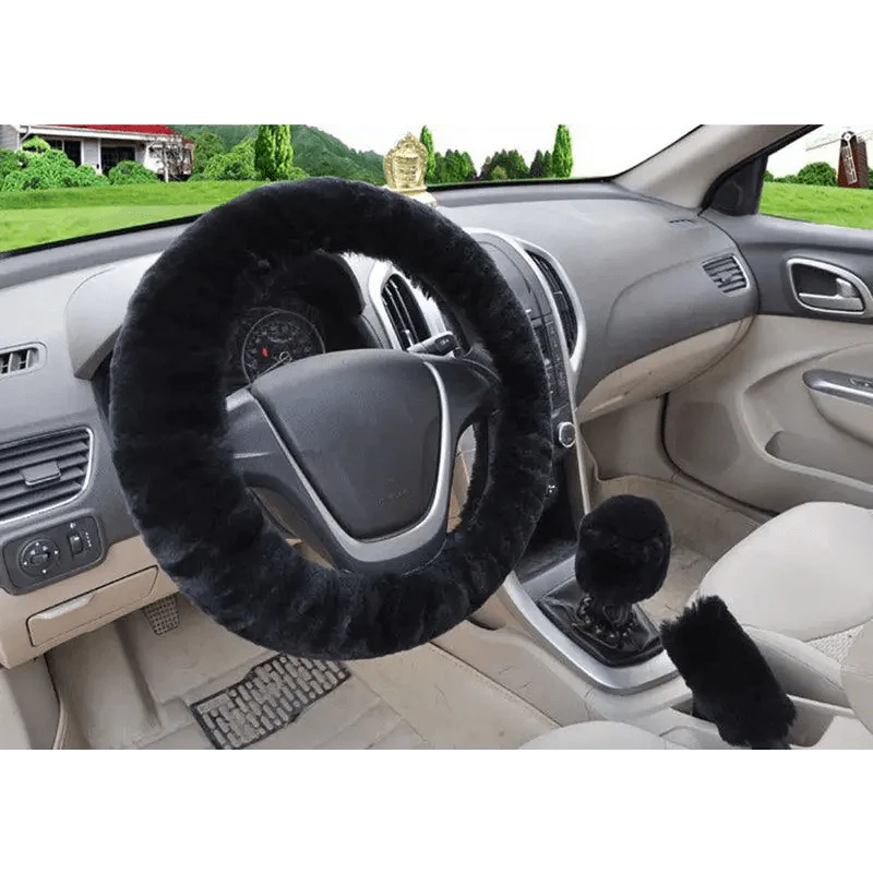 3Pc Winter Faux Fur Car Steering Wheel Cover Set - Neutral Tones