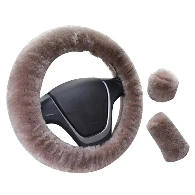 3Pc Winter Faux Fur Car Steering Wheel Cover Set - Neutral Tones