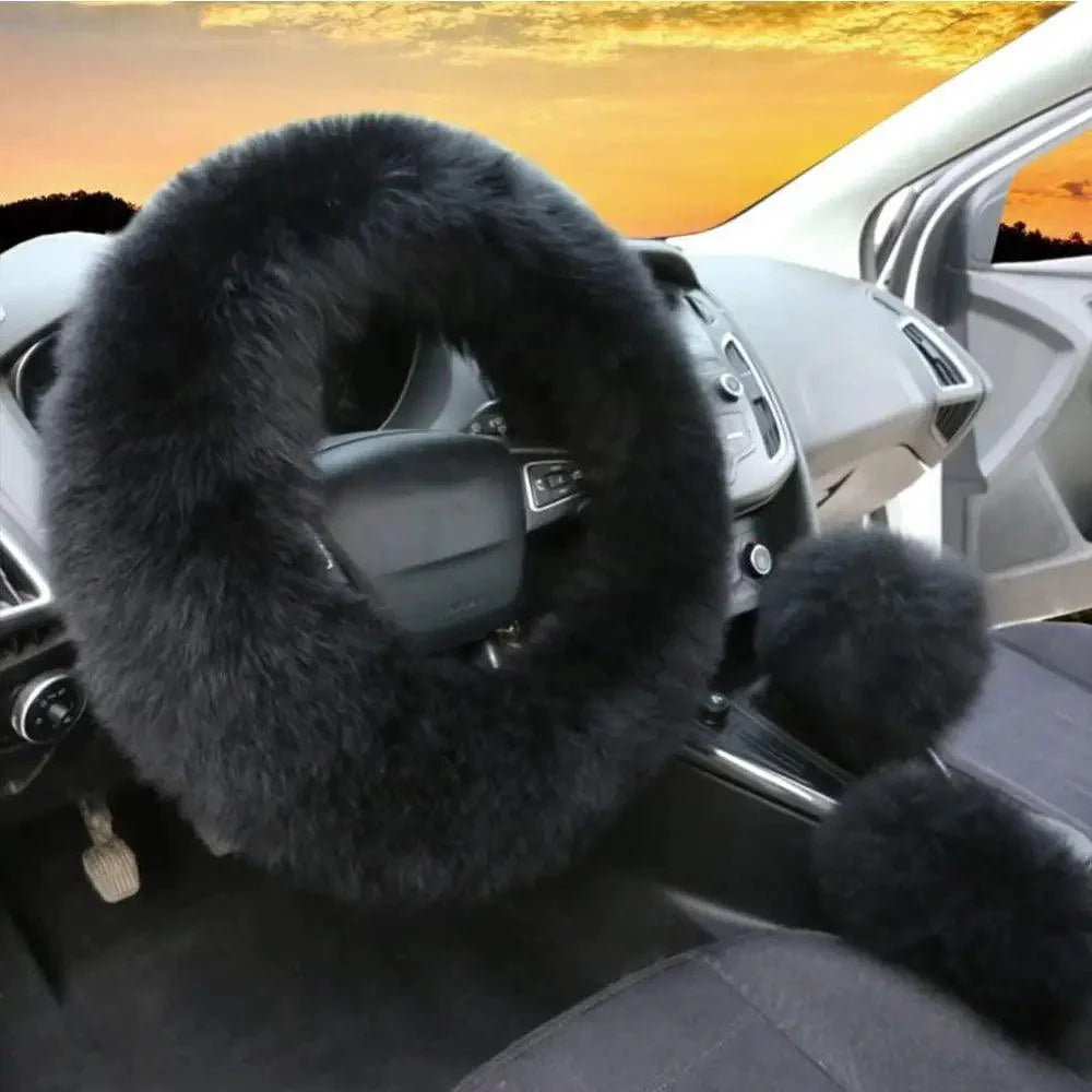 Plush neutral faux fur steering wheel cover, gear shift cover, and handbrake cover set for cozy car interiors