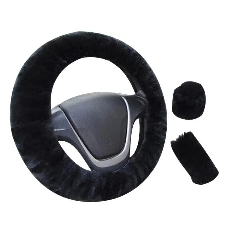 3Pc Winter Faux Fur Car Steering Wheel Cover Set - Neutral Tones