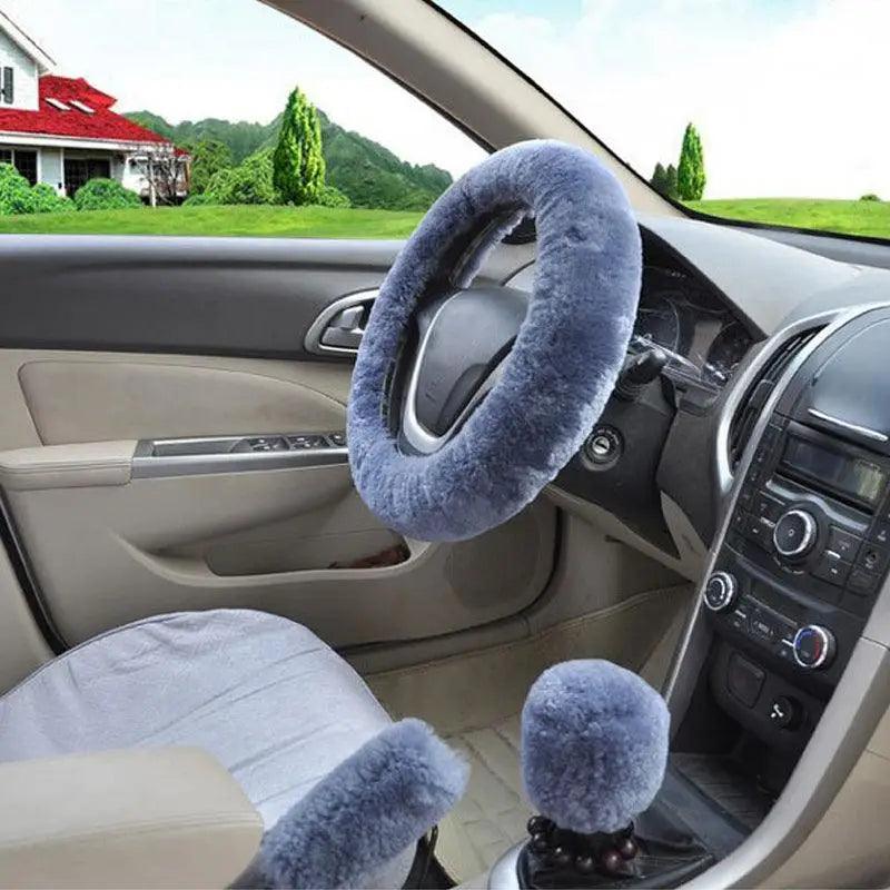 3Pc Winter Faux Fur Car Steering Wheel Cover Set - Neutral Tones