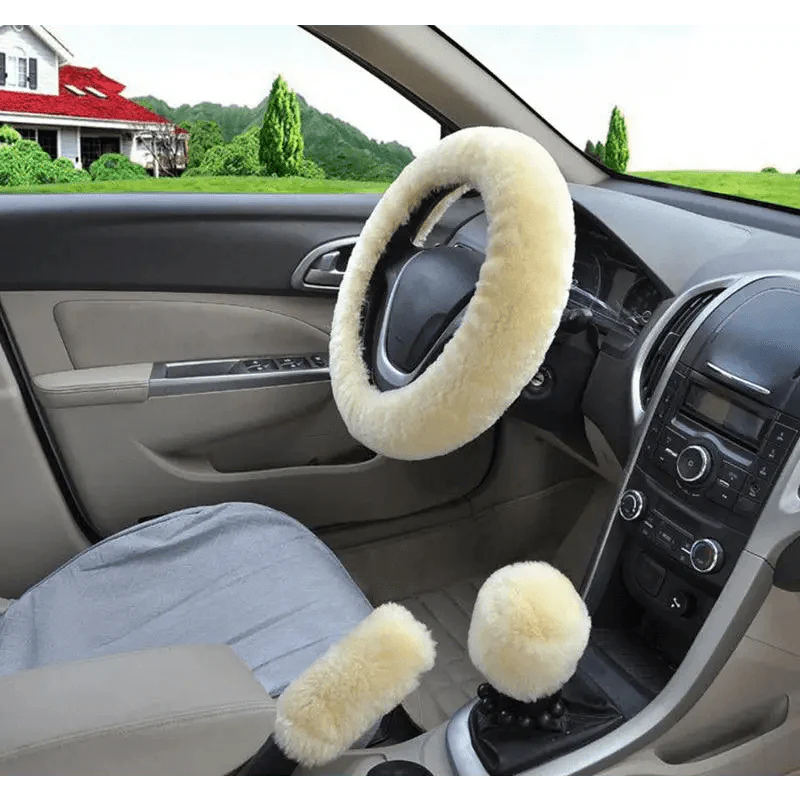 3Pc Winter Faux Fur Car Steering Wheel Cover Set - Neutral Tones