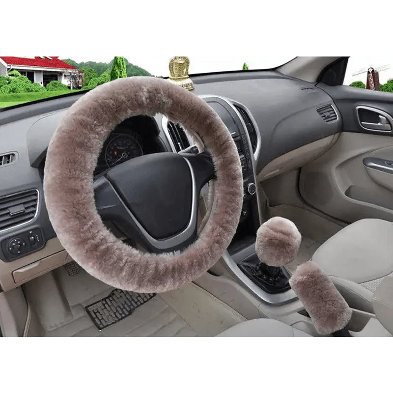 3Pc Winter Faux Fur Car Steering Wheel Cover Set - Neutral Tones