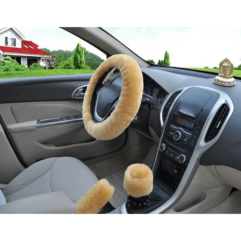 3Pc Winter Faux Fur Car Steering Wheel Cover Set - Neutral Tones