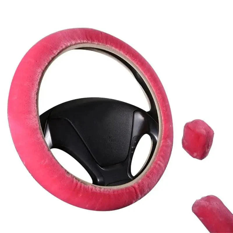 3Pc Winter Faux Fur Car Steering Wheel Cover Set - Neutral Tones