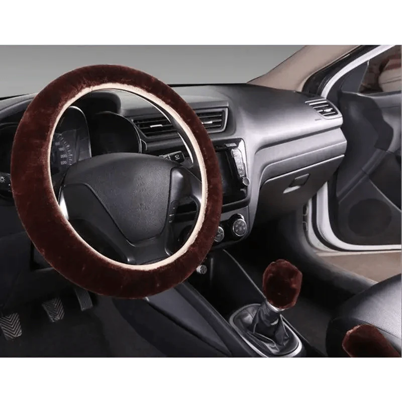 3Pc Winter Faux Fur Car Steering Wheel Cover Set - Neutral Tones