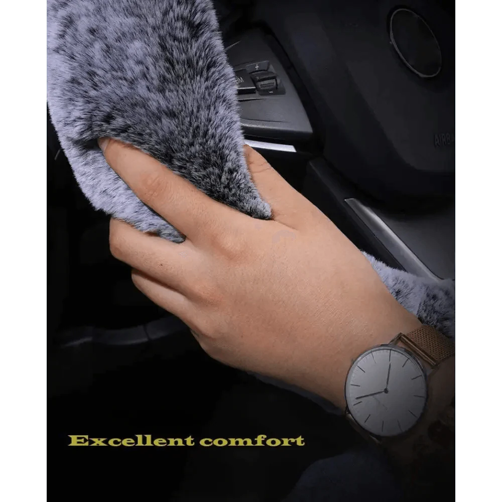 3Pc Winter Faux Fur Car Steering Wheel Cover Set - Neutral Tones