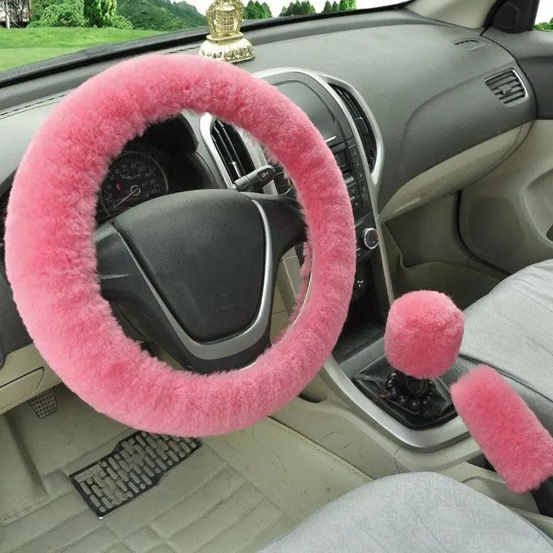3Pc Winter Faux Fur Car Steering Wheel Cover Set - Neutral Tones