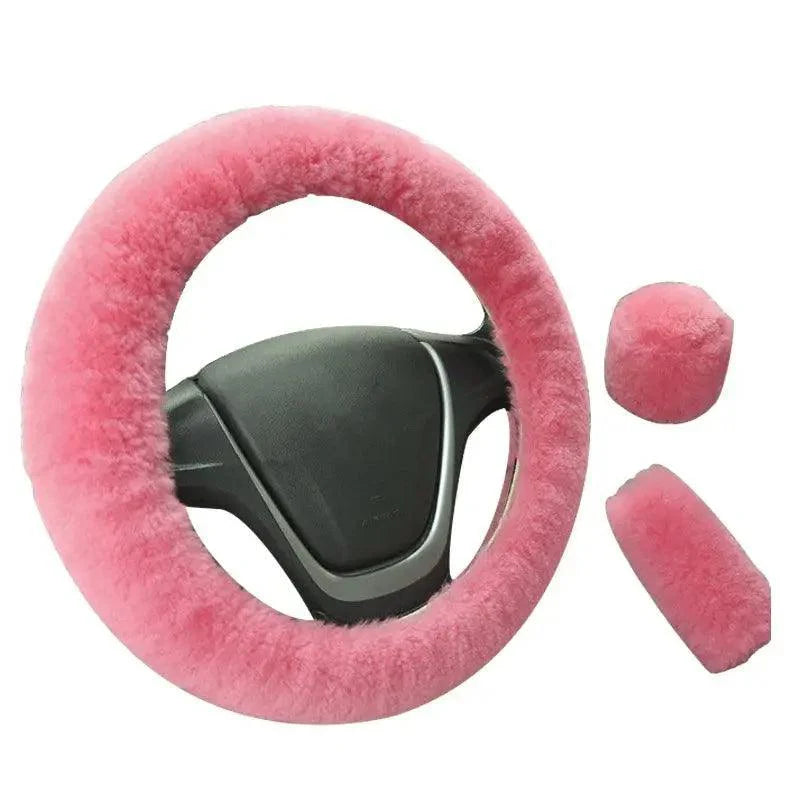 3Pc Winter Faux Fur Car Steering Wheel Cover Set - Neutral Tones