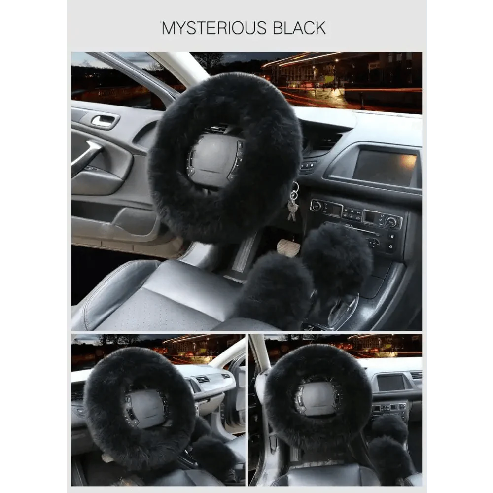 3Pc Winter Faux Fur Car Steering Wheel Cover Set - Neutral Tones