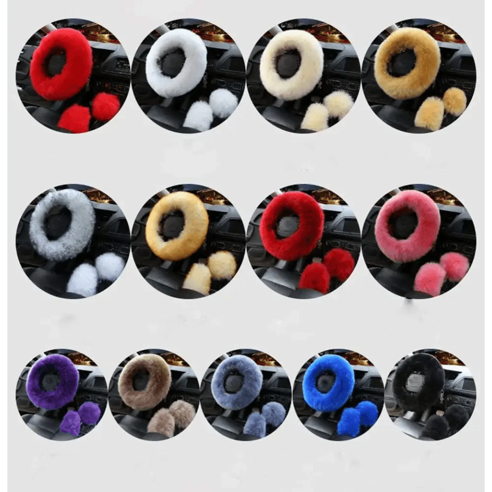 3Pc Winter Faux Fur Car Steering Wheel Cover Set - Neutral Tones