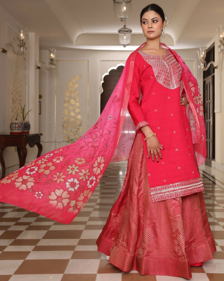 Pink cotton silk floral embroidered kurta set