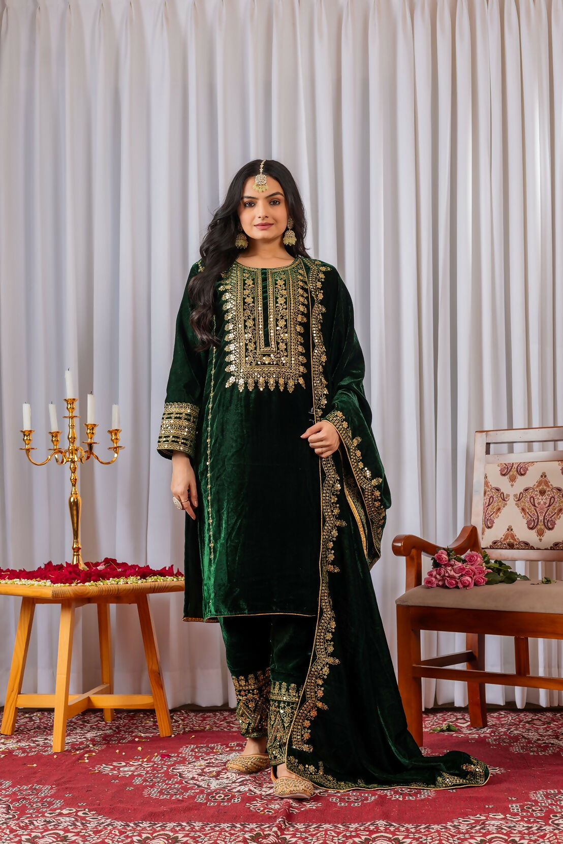 Green Velvet Kurta Set with Intricate Sequence Embroidery