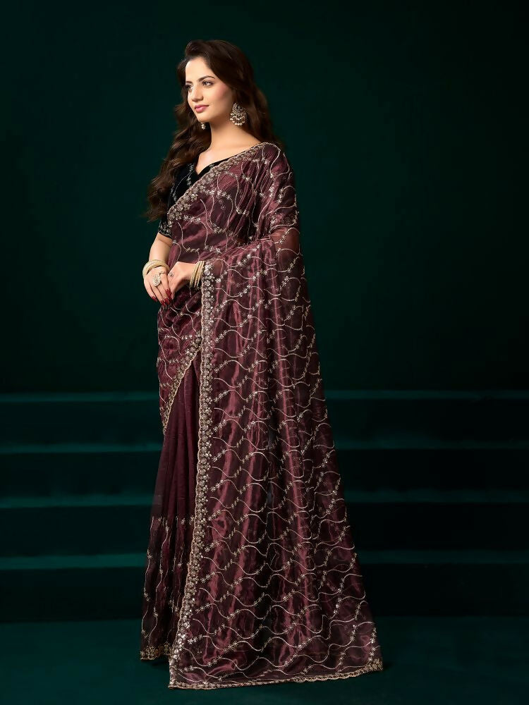 Maroon Net Party Wear Saree with Black Velvet Blouse