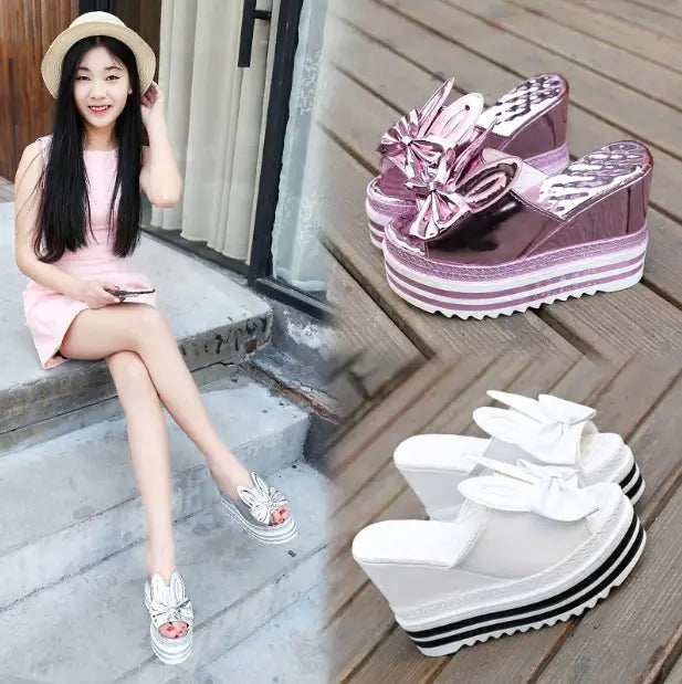 Women's Platform Wedge Sandals with Playful Rabbit Ear Bow Design - Image 8