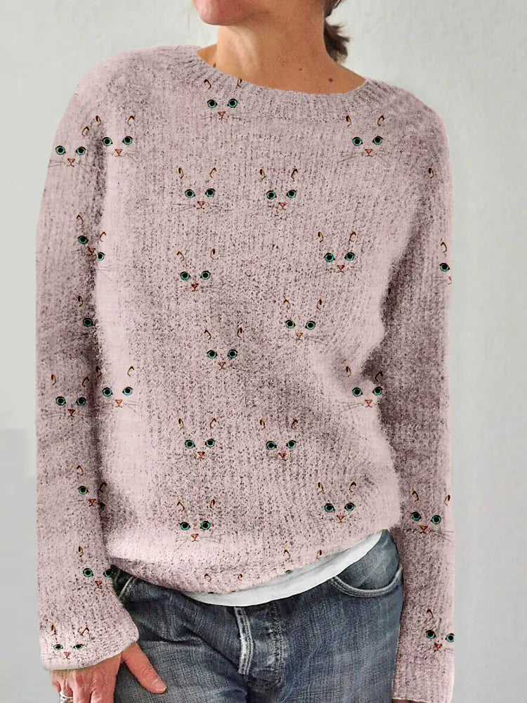 Women's Cat Print Pullover Sweater Long Sleeve Cozy Knit Top - Image 12