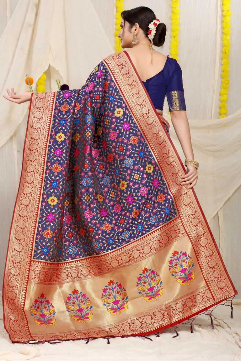 Navy Blue Patola Silk Zari Woven Saree with Matching Blouse