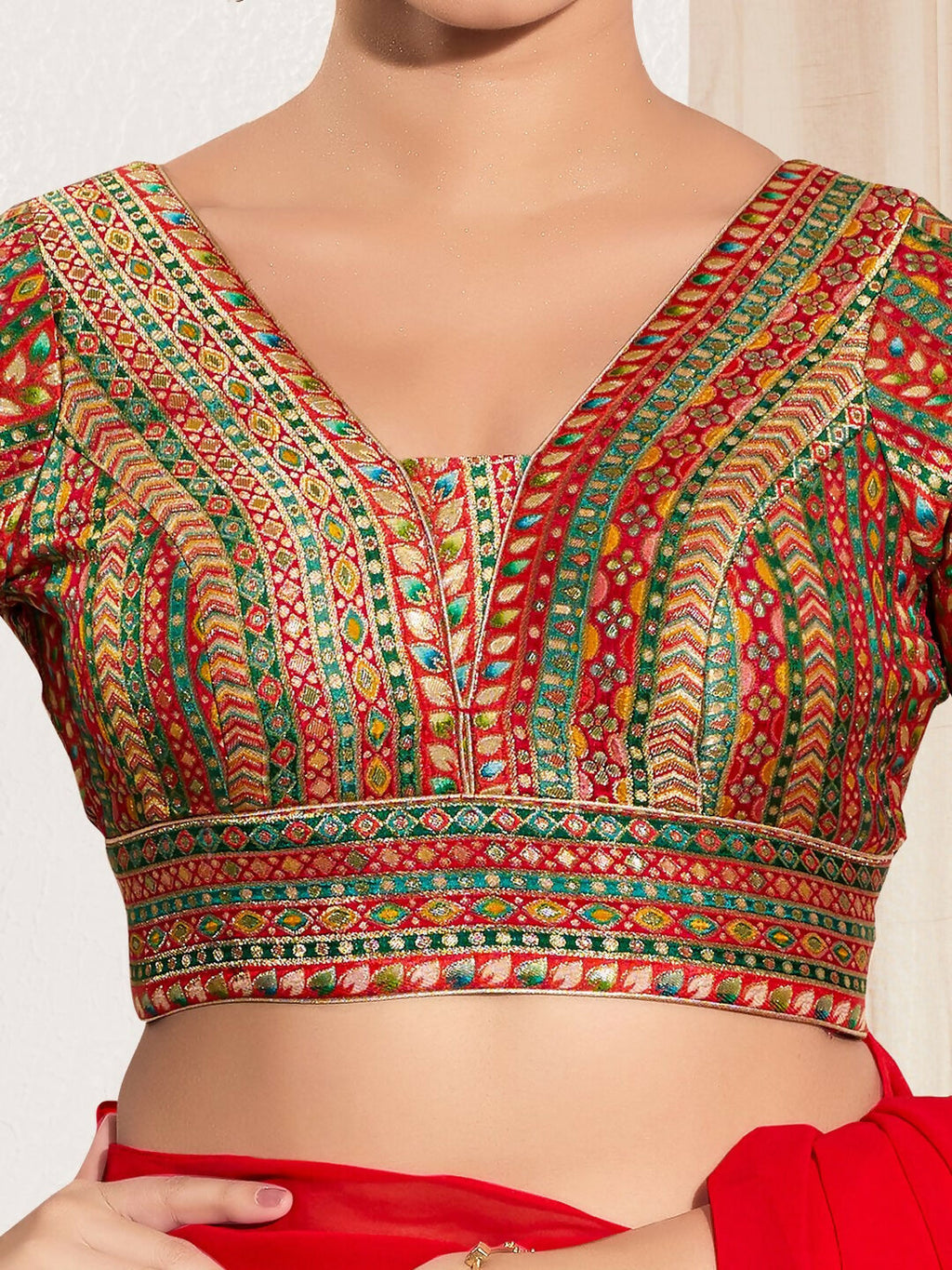 Red Multi Brocade Padded Blouse with V-Neck and Elbow Sleeves