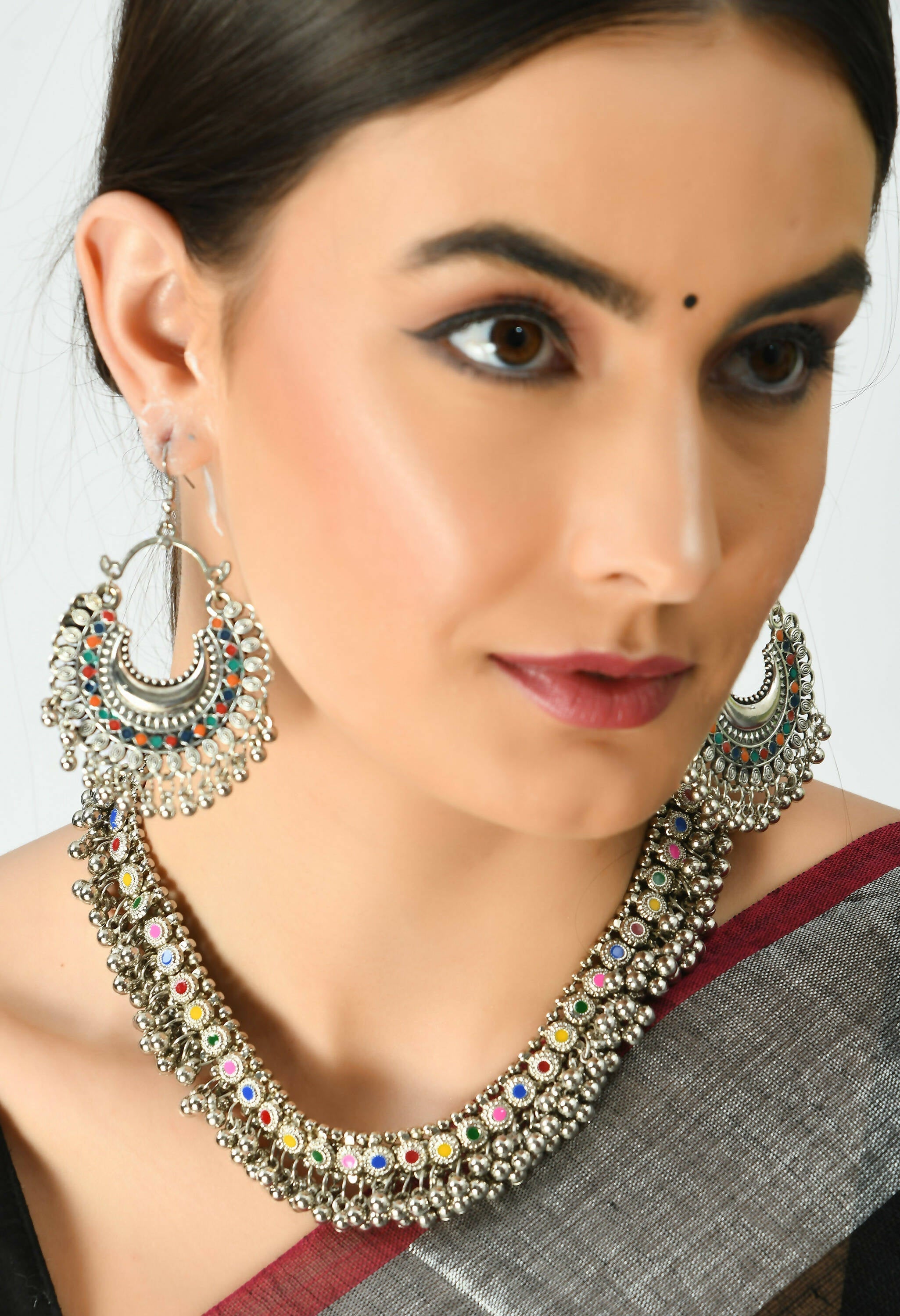 Oxidised Silver-Plated Meena Work Choker Set for Women