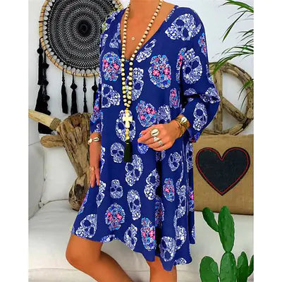 Women's Skull Print Deep V-Neck Long Sleeve Casual Mini Dress - Image 11
