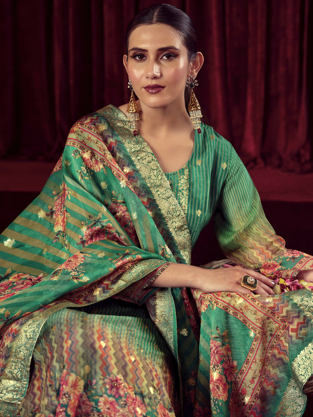 Green Organza Jacquard Woven Straight Kurta Set with Dupatta