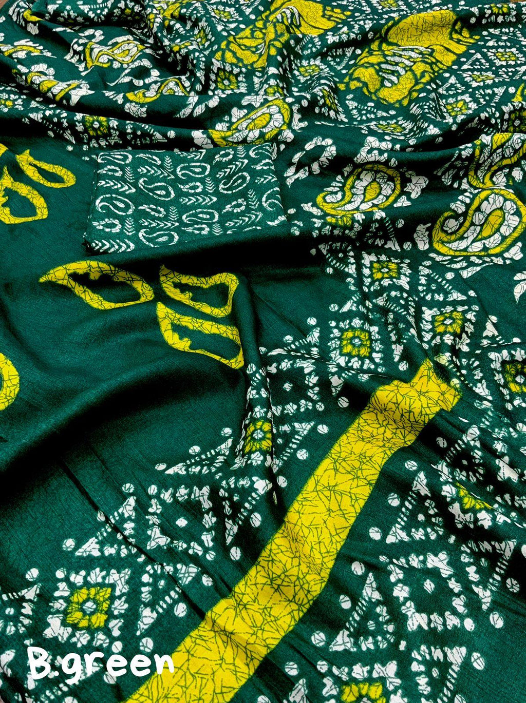 Green Silk Blend Batik Print Saree with Running Blouse