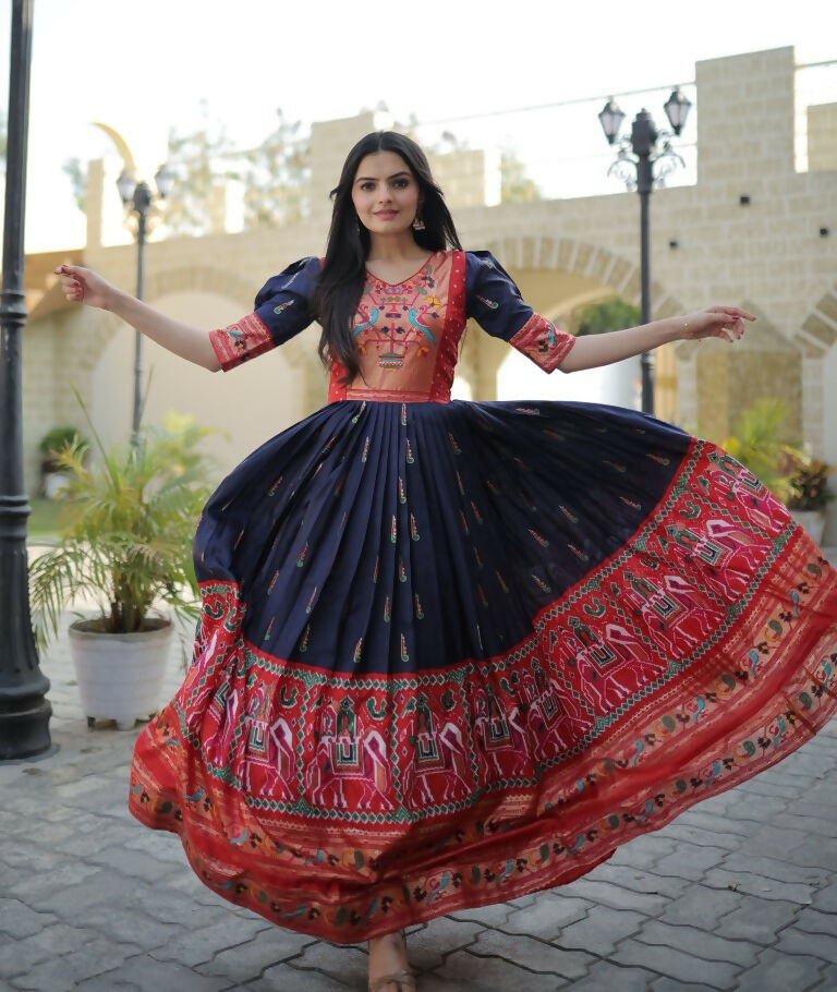 Navy Blue Patola Print Dola Silk Anarkali Dress with Foil