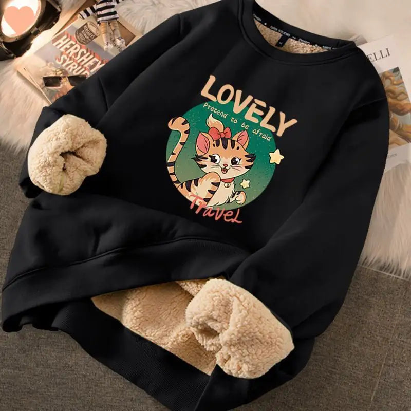 Women's Cream Fleece Lined Graphic Sweater with Cute Bear Print