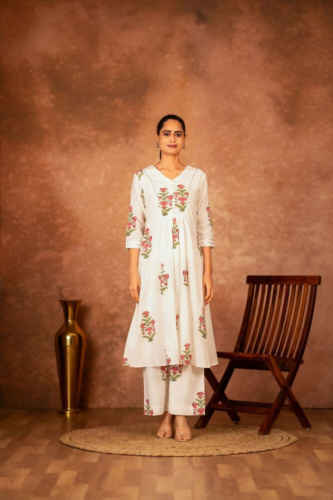 Off White and Pink Hand Block Printed Cotton Suit Set