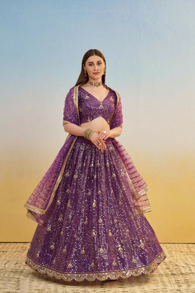 Dark Purple Butterfly Net Lehenga with Mirror & Sequence Embroidery