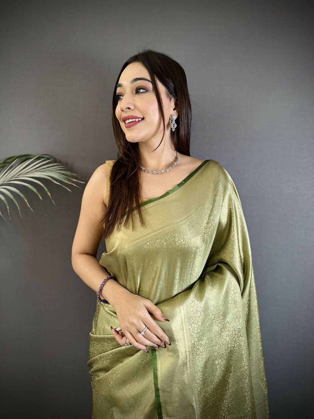 Sage Green Floral Motifs Soft Satin Silk Kanchipuram Saree