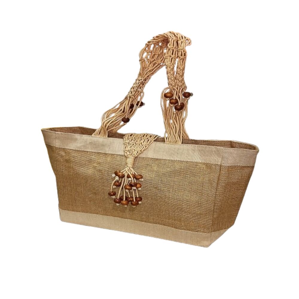 Eco-friendly jute handbag for ladies featuring decorative wooden beads and interior zip pocket