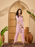 Pink pure cotton cord set with intricate embroidery, 3/4 sleeves, and round neck design.