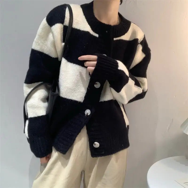 Women's Loose Checkered Button-Up Knit Cardigan Sweater - Image 3
