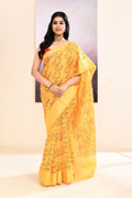 Yellow embellished printed cotton blend saree for women