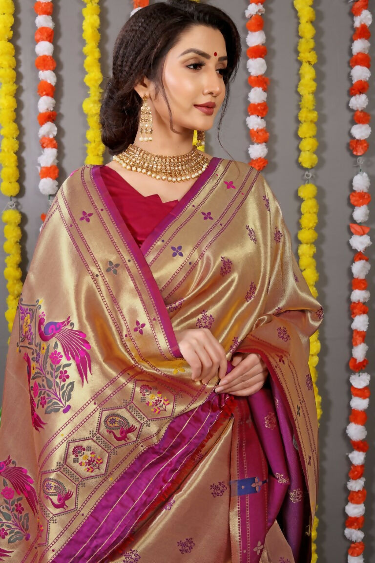 Wine Paithani Silk Zari Woven Saree with Matching Blouse