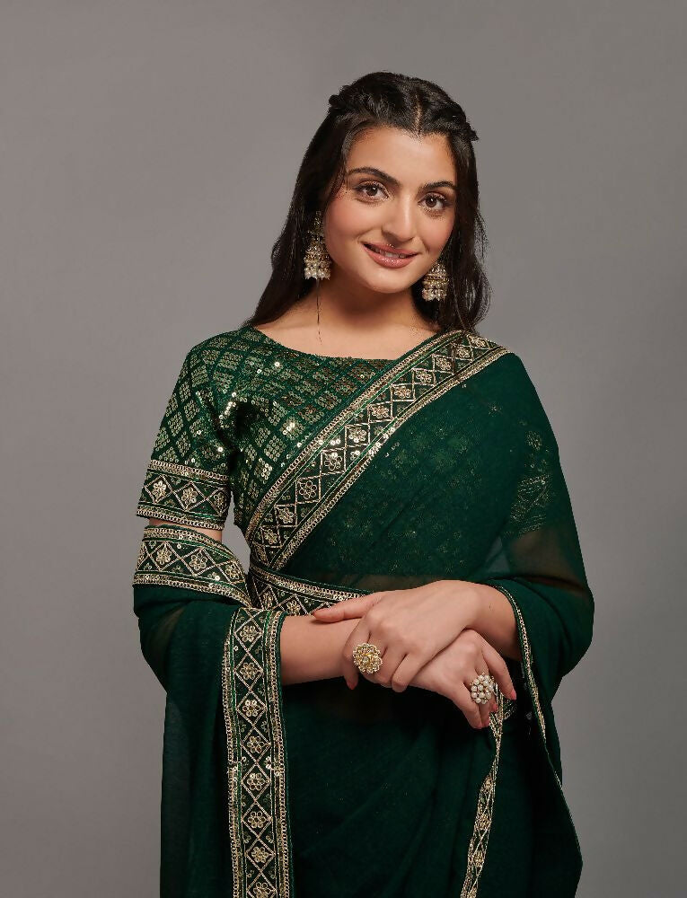 Green Zometo Embroidery Lace Saree for Special Occasions