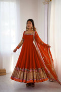 Orange Georgette Anarkali gown with heavy multi-thread sequence embroidery and full sleeves