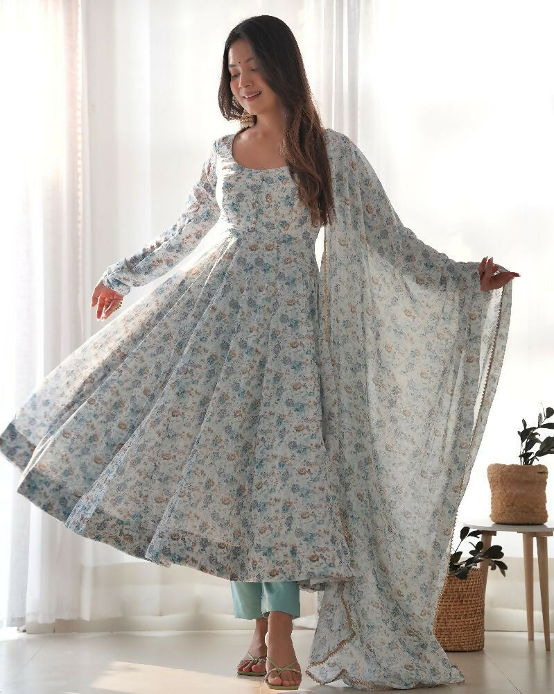 Sky Kurta Set in Organza with Sequin Embroidery and Cotton Bottom