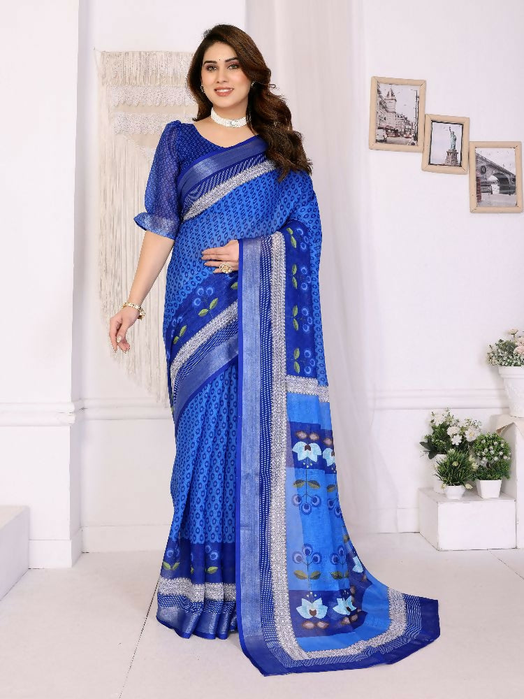 Elegant blue handloom linen cotton saree with intricate zari work detail and matching blouse fabric.