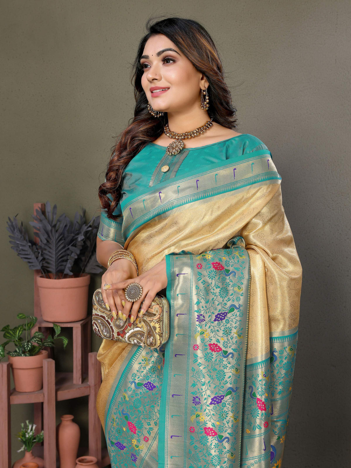 Cream Tissue Silk Paithani Woven Saree for Elegant Occasions