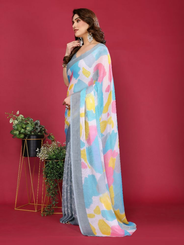 Grey Moss Chiffon Printed Saree with Matching Blouse