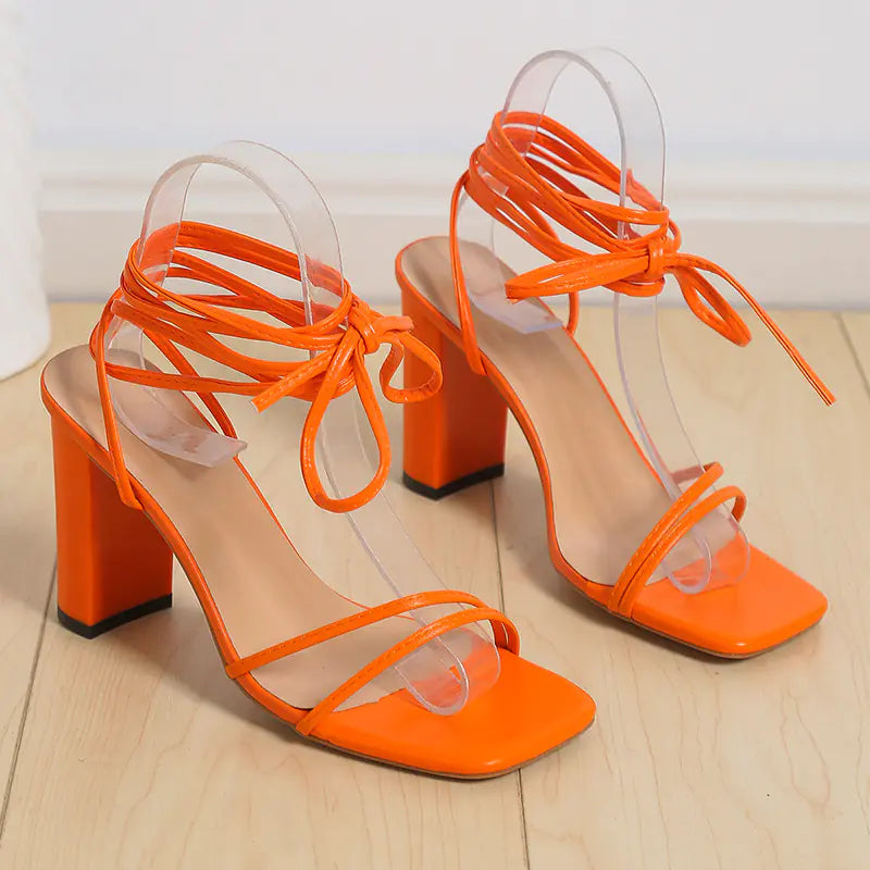 Women's Square Toe Strappy High Heels Lace Up Sandals - Image 3