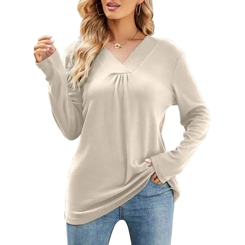 Women's Loose Fit V Neck Long Sleeve T-Shirt in Olive and Blue - Image 24