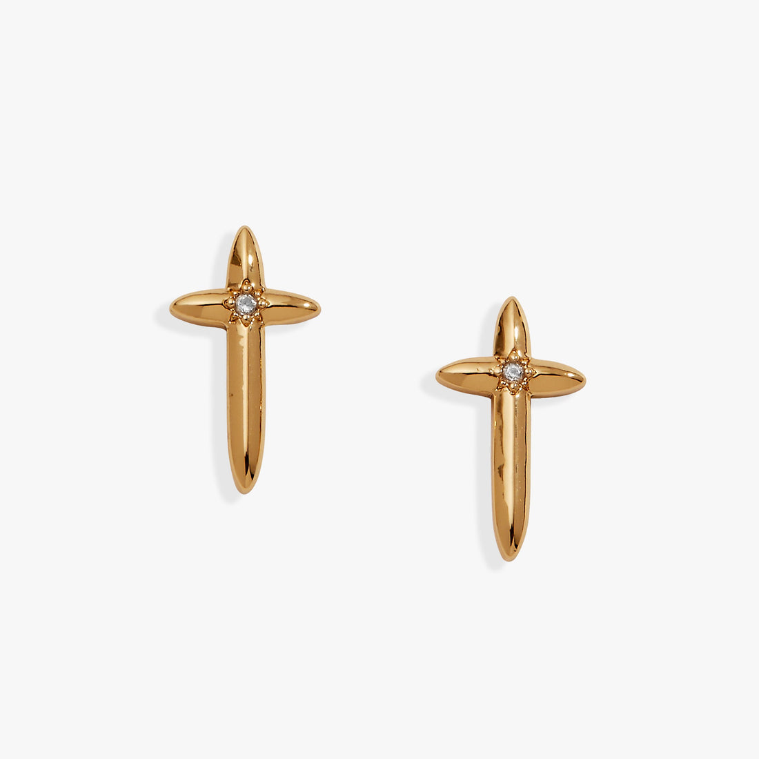 A pair of minimalist, polished gold 4:13 cross stud earrings for women