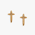 A pair of minimalist, polished gold 4:13 cross stud earrings for women
