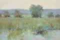 Impressionist style oil painting of trees by a riverbank in muted green, blue, and beige tones.