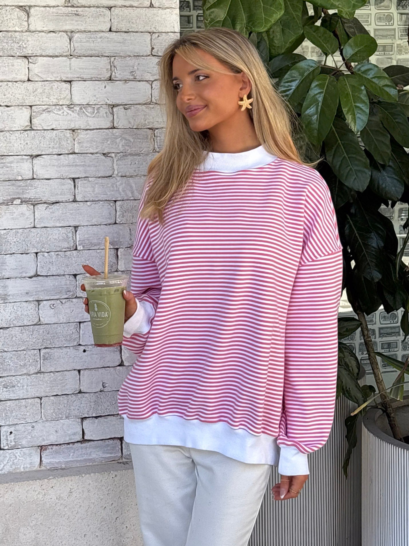 Dark Pink and White Big Striped Mockneck Sweatshirt Unisex
