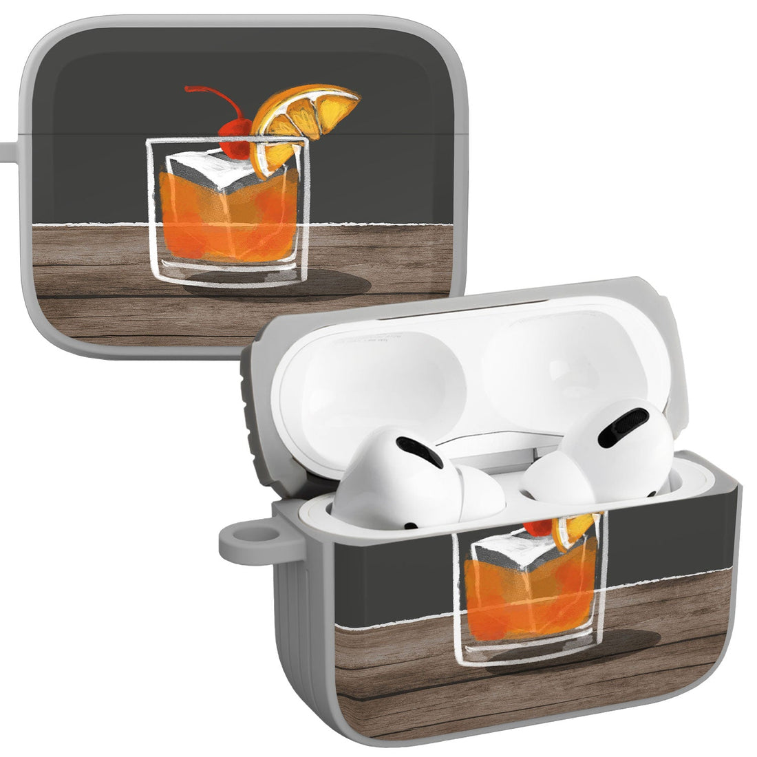 Apple AirPods Pro case with Wine, Beer, and Booze graphic print, including a carabiner attachment.